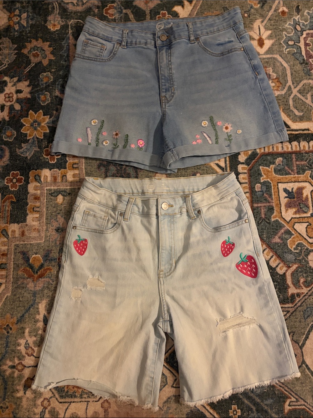 Two Girls Denim Blue Jean Embroidered Shorts, 16 & 18, Strawberry, Flowers